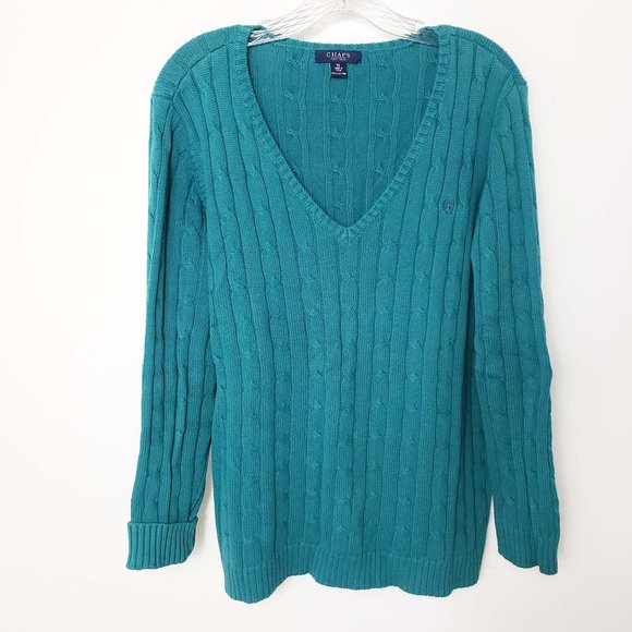 Chaps Sweaters - Chaps Women's Emerald Green V Neck Long Sleeve Cable Knit Top Sweater